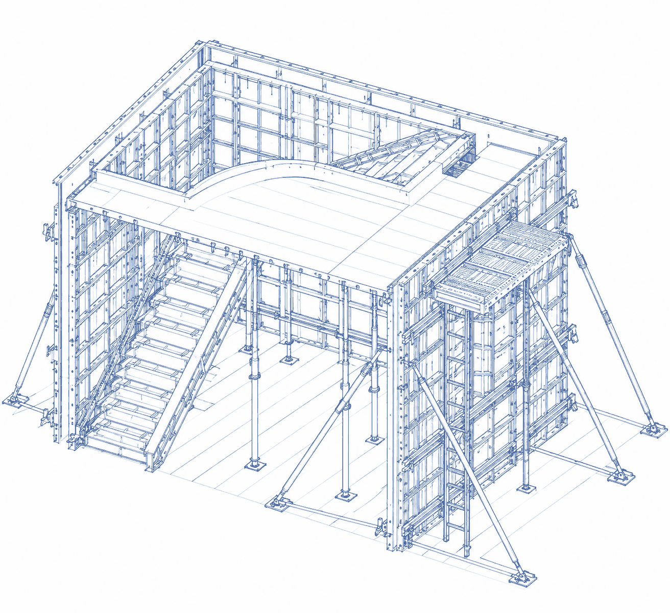 Technical drawing of a handset aluminium formwork assembly for modular concrete construction, with wall panels, slab formwork on drophead props, stair formwork and bracing