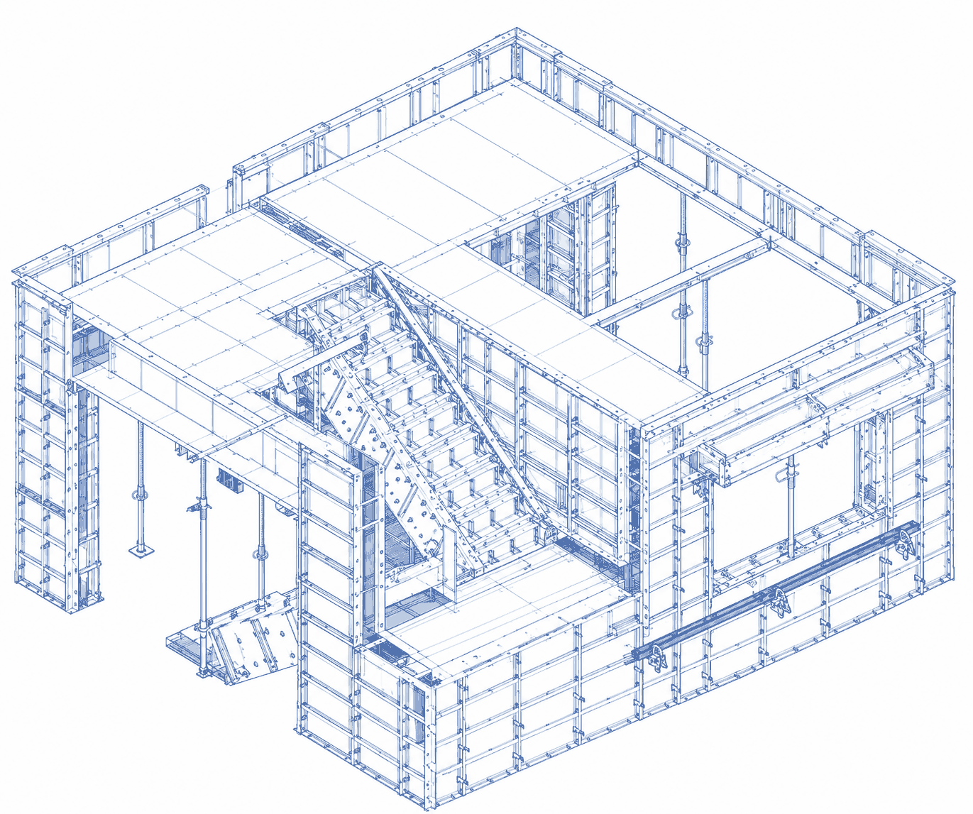 Technical drawing of a complete monolithic housing cell in formwork, with walls, slabs, stairs and door and window openings all formed for a single concrete pour