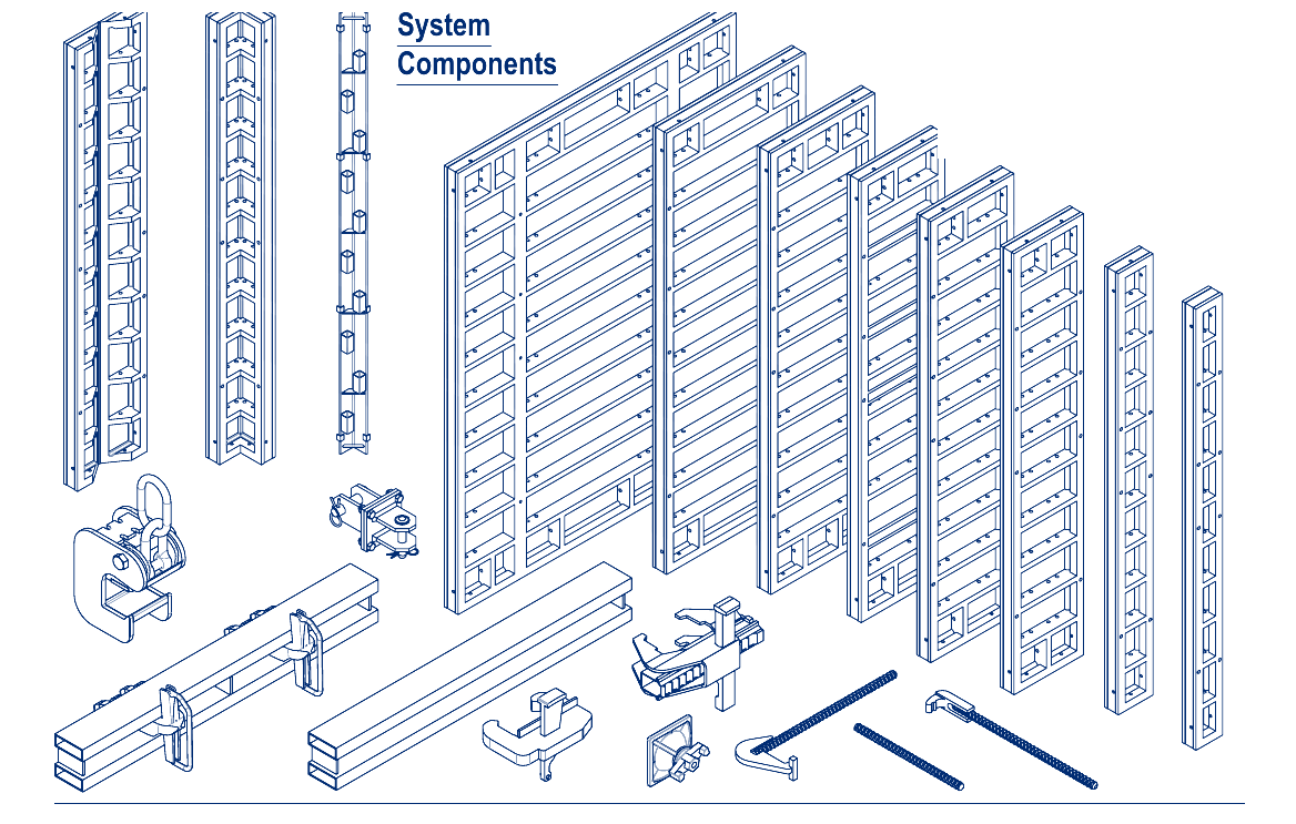 Exploded technical drawing of Comax wall formwork panels and components