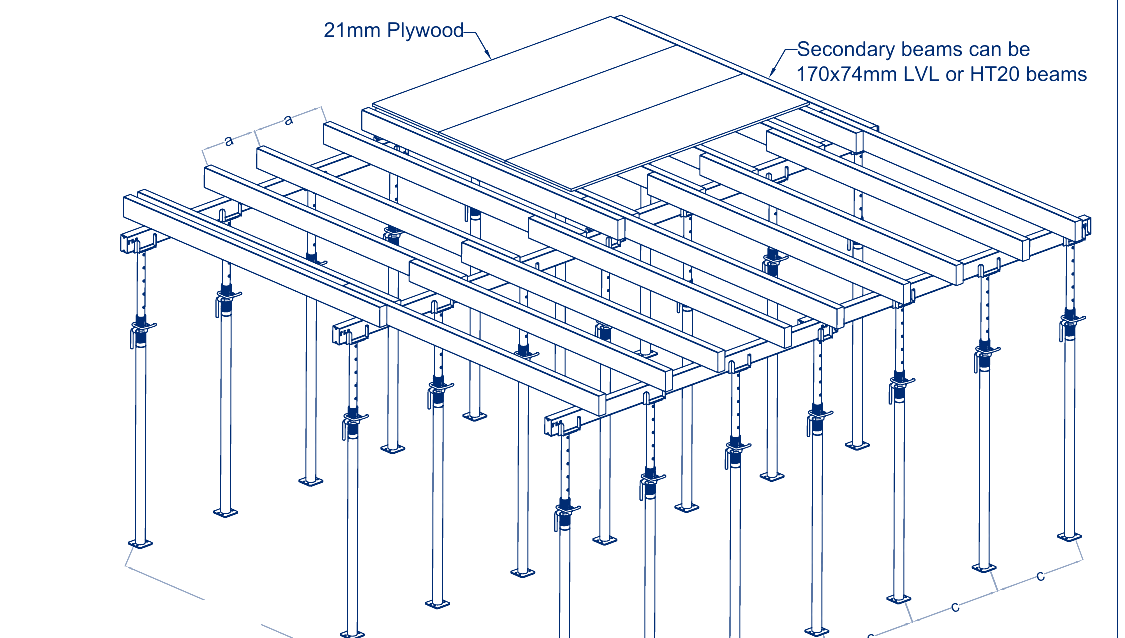 Technical drawing of a From-Flex slab formwork grid on props