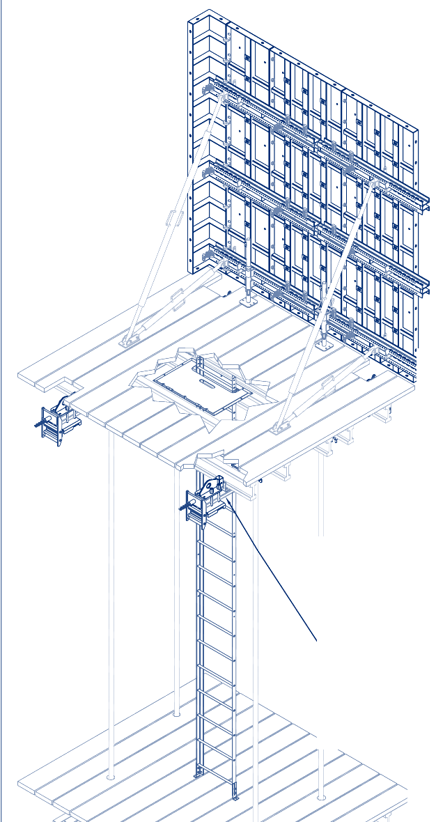 Technical drawing of the Klik-Klak adjustable platform system carrying wall gangform above a working deck
